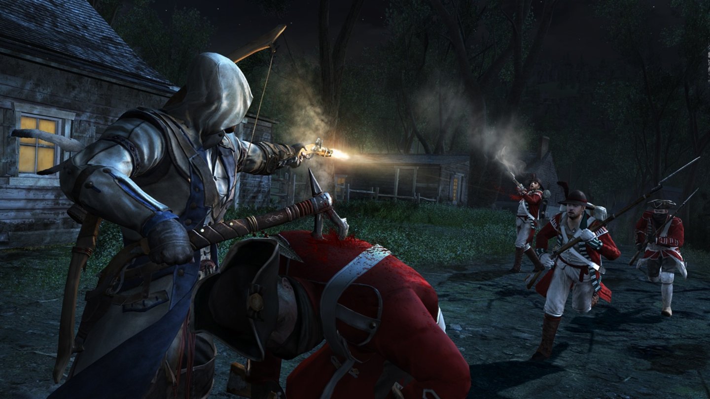 Assassin's Creed 3Nummer eins mit der Axt, Nummer zwei mit der Pistole. Da die Feinde oft in der Überzahl sind, muss Connor seine Waffen in Kombination einsetzen.