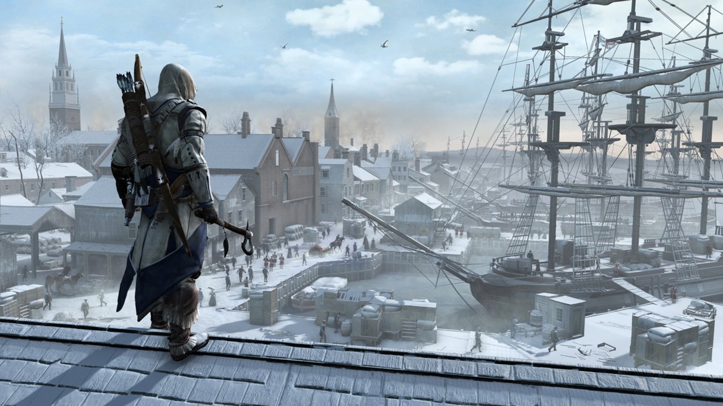 Assassin's Creed 3Ein Hauch von Skyrim: Das unterschiedliche Wetter sorgt für verregnete oder verschneite Landschaften. Die Weitsicht von den Aussichtspunkten ist atemberaubend.