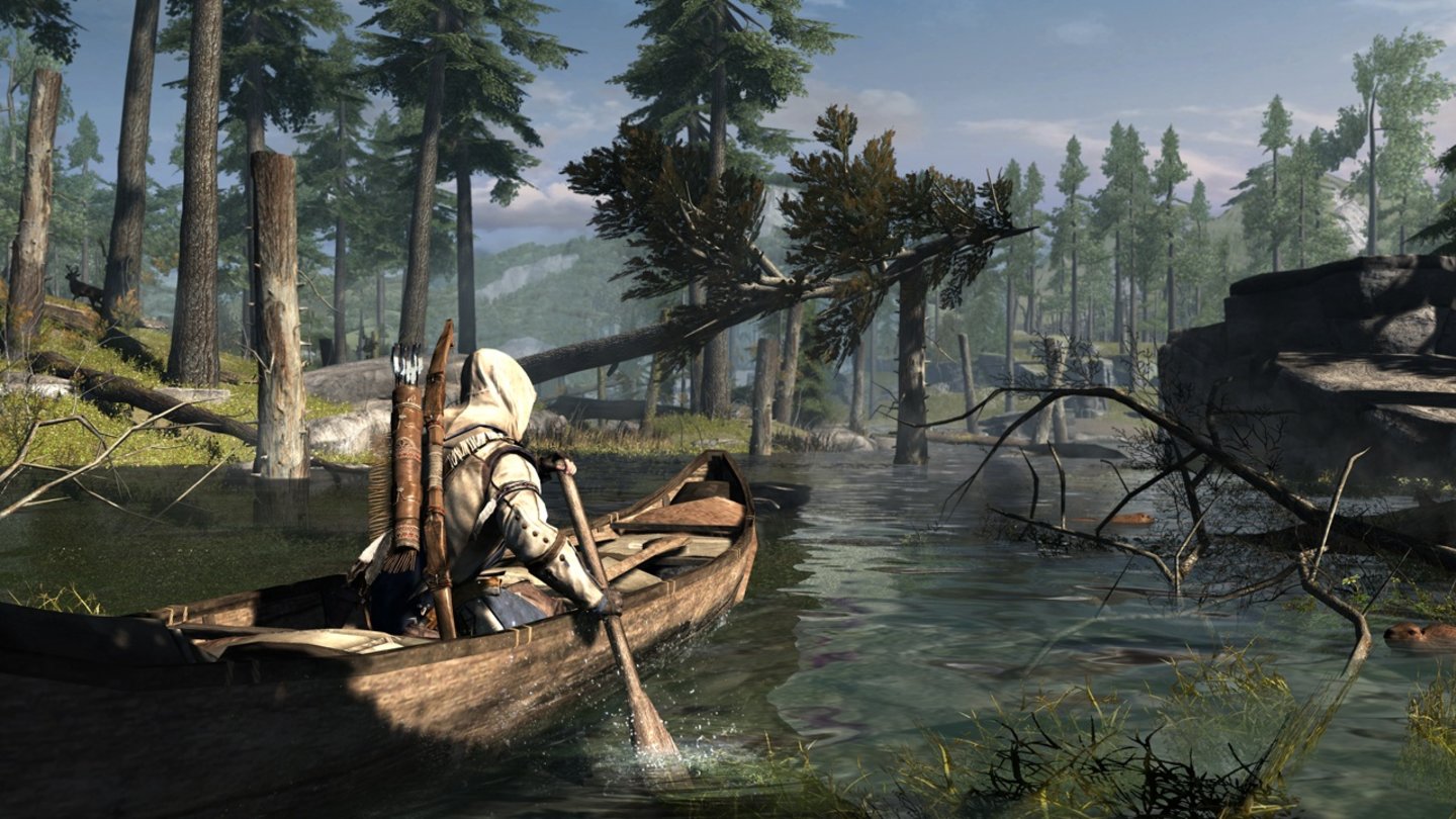 Assassin's Creed 3Connor ist nicht nur zu Fuß und auf Pferden unterwegs. Wie es sich für einen Halb-Indianer gehört, paddelt er auch mit einem Kanu zu seinem nächsten Ziel.