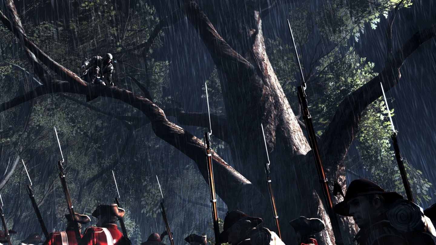 Assassin's Creed 3Die Bäume bieten eine gute Ausgangsposition für Angriffe. Connor wirft zuerst eine Seilwaffe (»Rope Dart«) auf den ersten Gegner und schaltet dann die übrigen aus.
