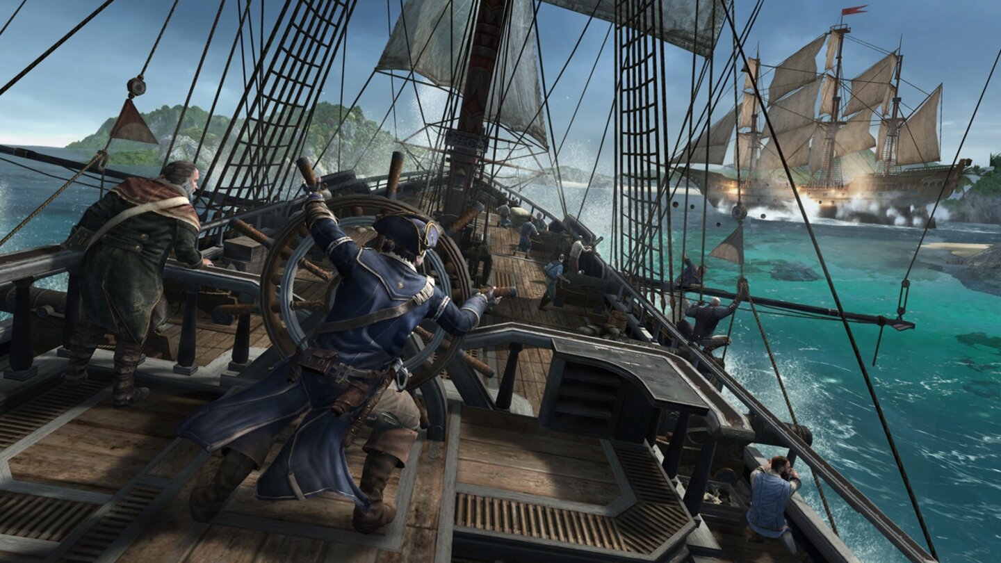 Assassin's Creed 3Wir dürfen unseren Kahn selbst steuern und den Feuerbefehl geben.
