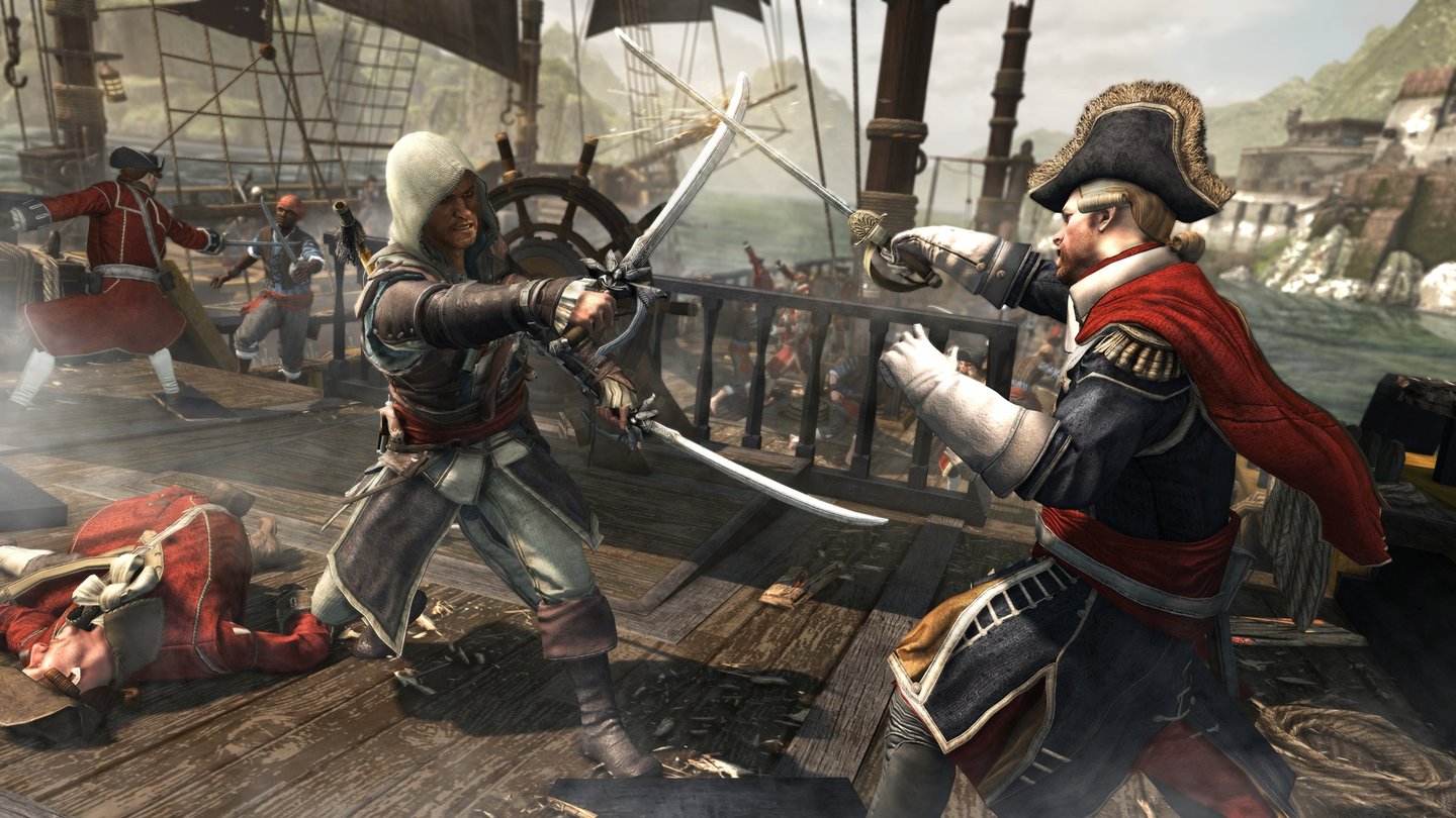 Assassin's Creed 4: Black FlagTrotz Feuerwaffen lässt sich Assassine Edward Kenway keinen Säbelkampf entfegen - Pirat eben.