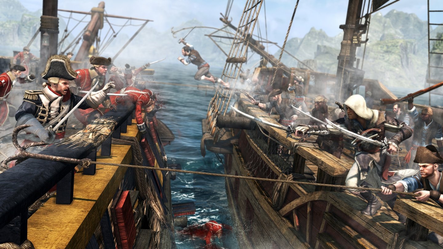 Assassin's Creed 4: Black FlagWährend der Schiffskämpfe darf man nun dynamisch Entern und sogar selbst an der Bordkanone Platz nehmen.