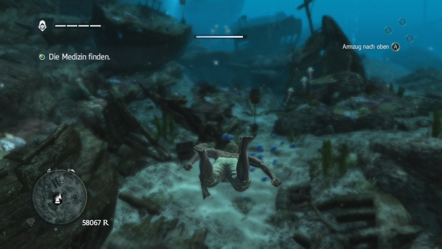 Assassin's Creed 4: Black Flag (360)
Guybrush? Nein, hier handelt es sich nicht um den Monkey Island-Protagonist, sondern um Edward Kenway. Unter Wasser gefallen vor allem Lichtspiegelung, wie etwa die am Boden.