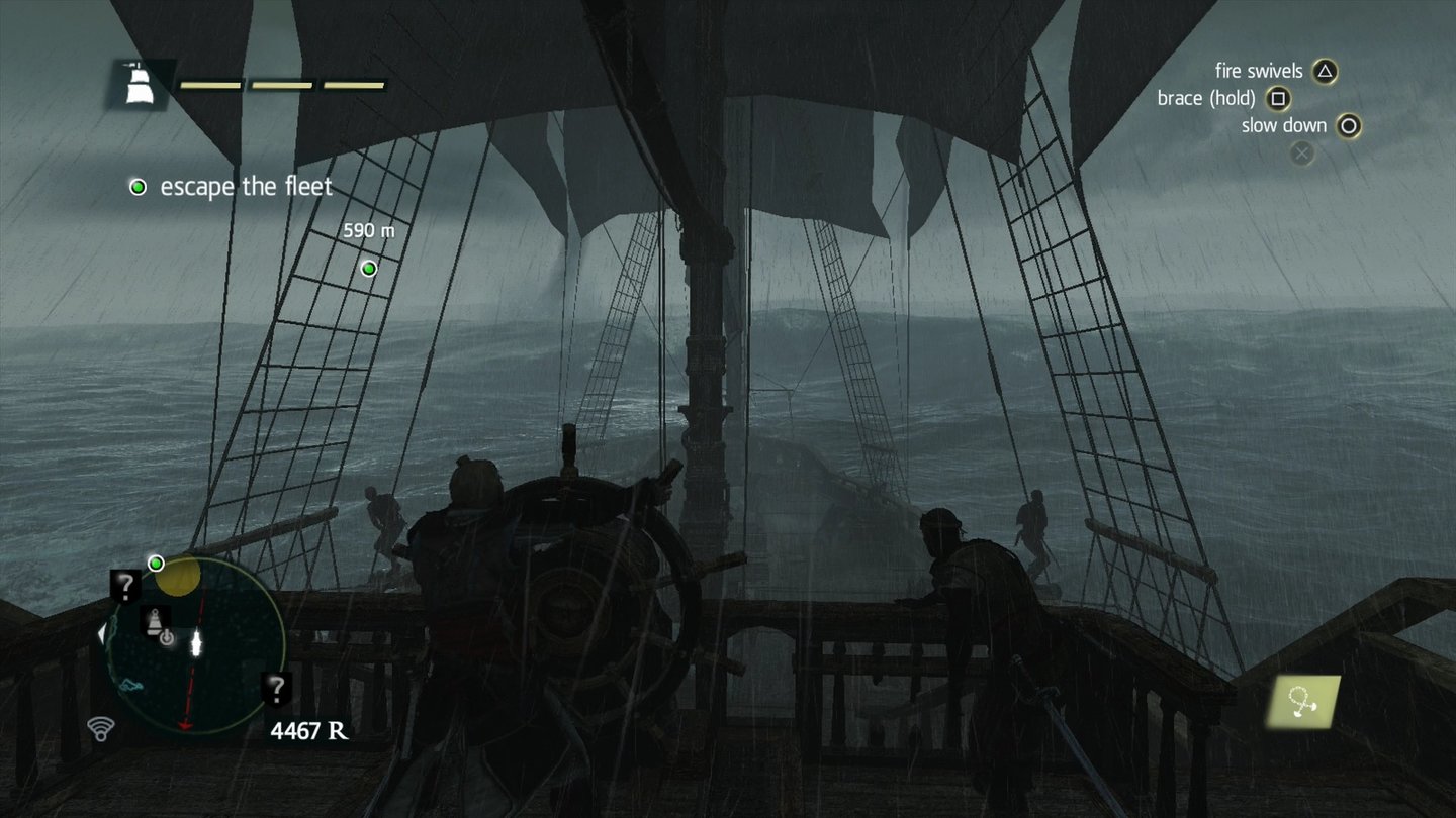 Assassin's Creed 4: Black Flag (PS4)
Am besten gefällt uns die raue See, wenn ein Sturm tobt. Der Regen peitscht aufs Deck, die Wellen schlagen gegen den Bug. Unwetter sieht auf der PS4 einfach gut aus.
