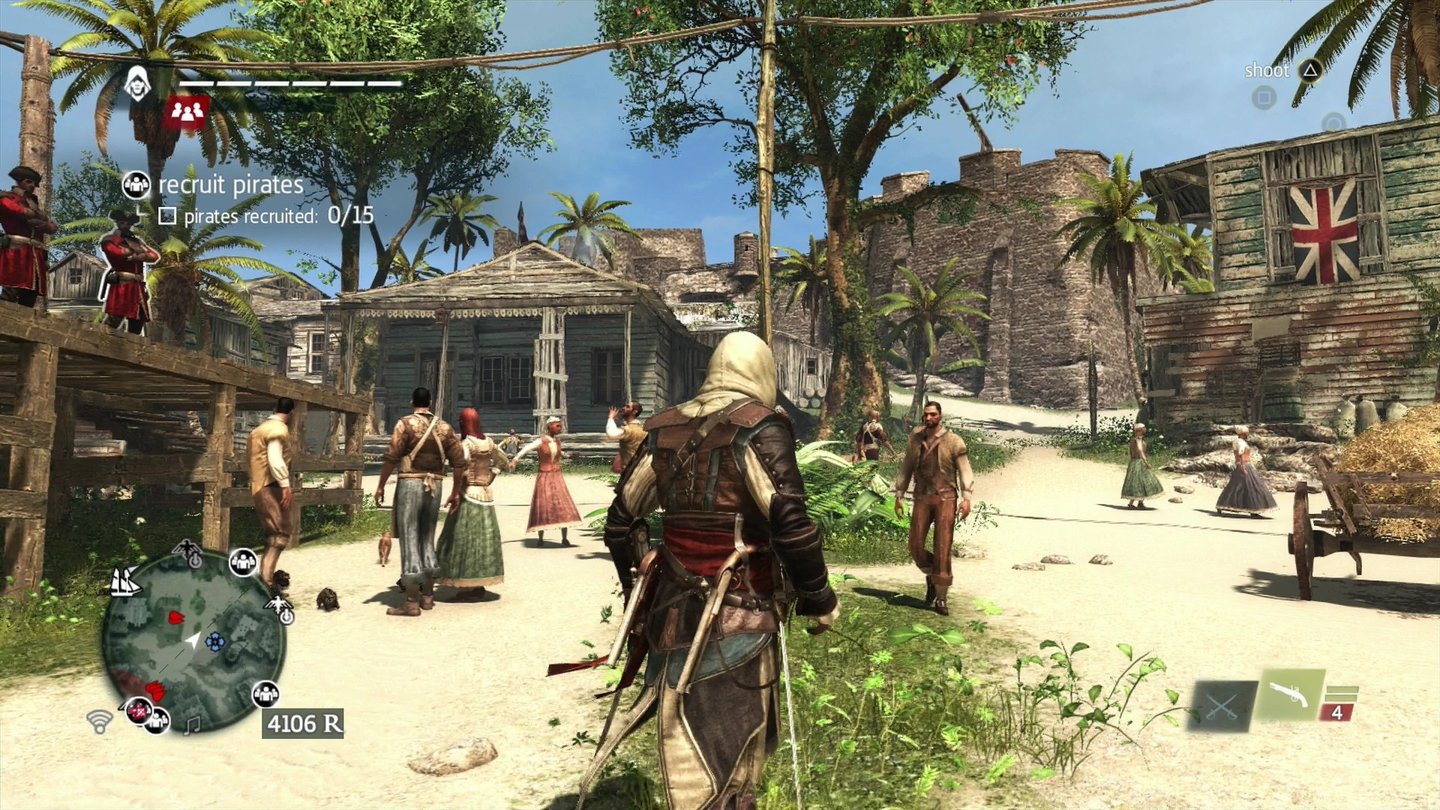 Assassin's Creed 4: Black Flag (PS4)
In Nassau begegnen uns allerhand hübsch animierter Bewohner. Die zahlreichen Figuren sind zwar anscheinend allesamt verwandt, hauchen den Städten aber das nötige Leben ein.