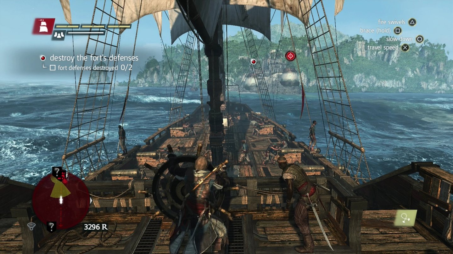 Assassin's Creed 4: Black Flag (PS4)
Auch auf der PS4 ist man von flimmernden Kanten nicht verschont. Trotz Kantenglättung kann man immer wieder Treppchen-Bildungen beobachten, wie hier bei den Seilen an Bord.