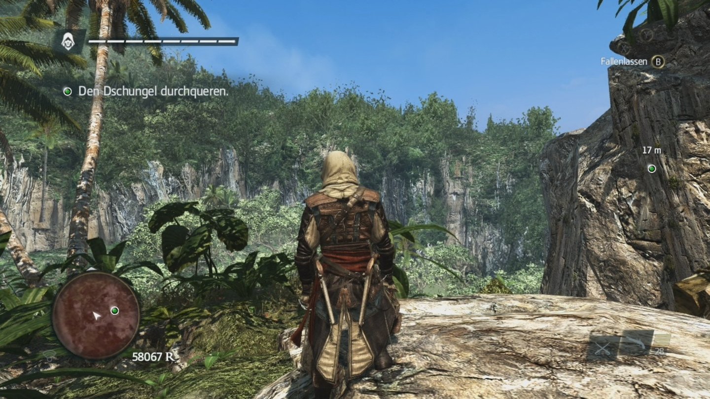 Assassin's Creed 4: Black Flag (360)
Auf der Xbox 360 sieht das Spiel nahezu identisch aus. Scharfe Texturen, viele Details und eine hübsche Vegetation. Einzig die flimmerden Palmenblätter sehen auf der PS4 deutlich hübscher aus.