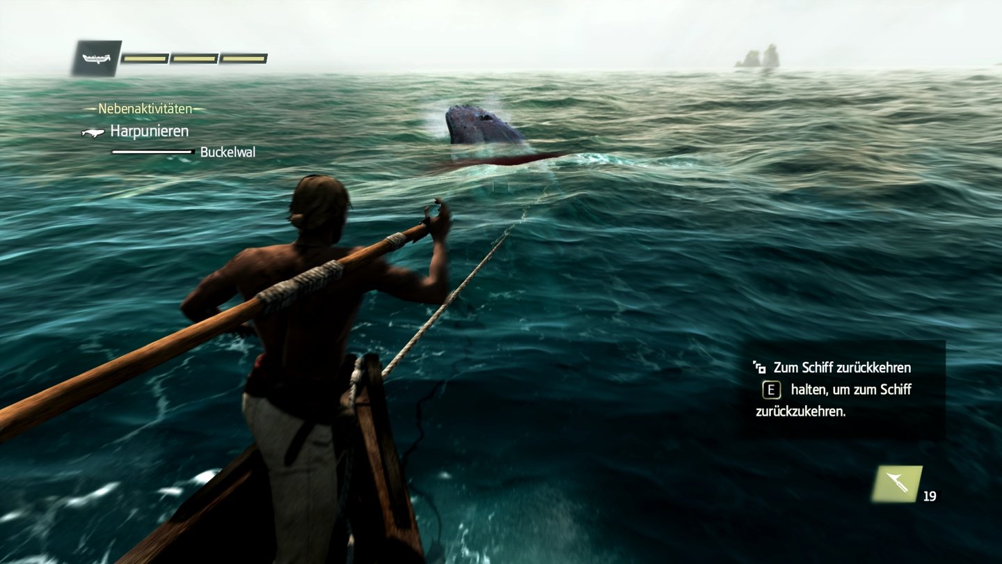 Assassin's Creed 4: Black FlagWir können auch auf Waljagd gehen, um aus deren Überresten neue Gegenstände, wie zum Beispiel größere Taschen, herzustellen. Doch Vorsicht: Die gewaltigen Tiere ergeben sich nicht völlig kampflos.