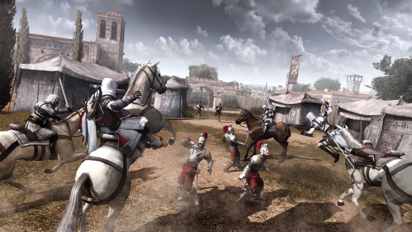 Assassin's Creed: BrotherhoodDie Assassinen der Bruderschaft attackieren einige Wachen vom Rücken ihrer Pferde aus.