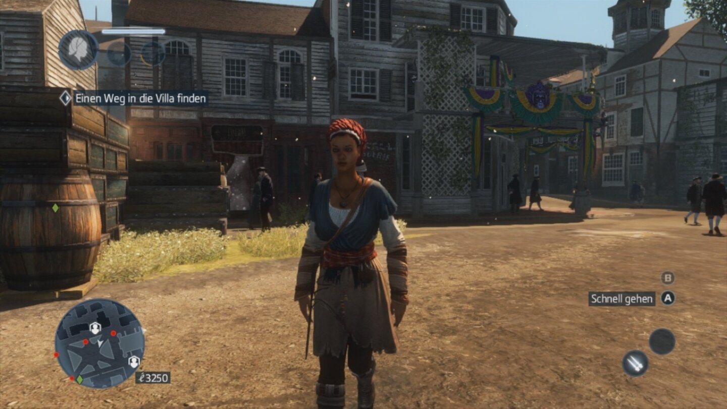 Assassins Creed: Liberation HDDas Sklavenoutfit verbindet Vor- und Nachteile der beiden anderen Klamotten. Wir sind gleichzeitig flink, wehrhaft und können leichter untertauchen, halten dafür wenig aus und können nicht so viele Waffen mit uns führen.