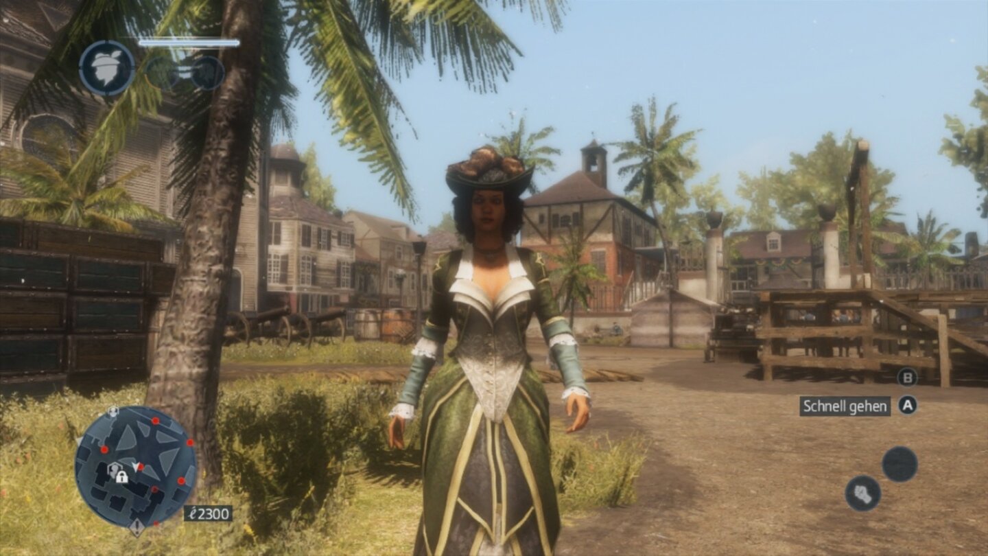 Assassins Creed: Liberation HDAls Dame können wir weder springen noch rennen. Im Gegenzug sind wir für Wachen nahezu unsichtbar und können bestimmte Personen bezirzen, die uns dann für kurze Zeit beistehen.