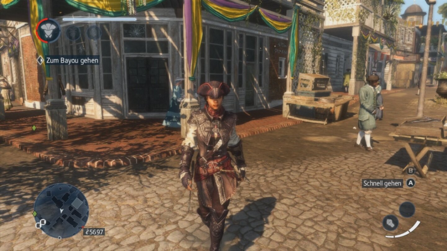 Assassins Creed: Liberation HDIn der Assassinenkluft sind wir am besten gepanzert und können zudem alle Waffen mit uns führen. Dafür kann der Fahndungslevel nie komplett gesenkt werden.