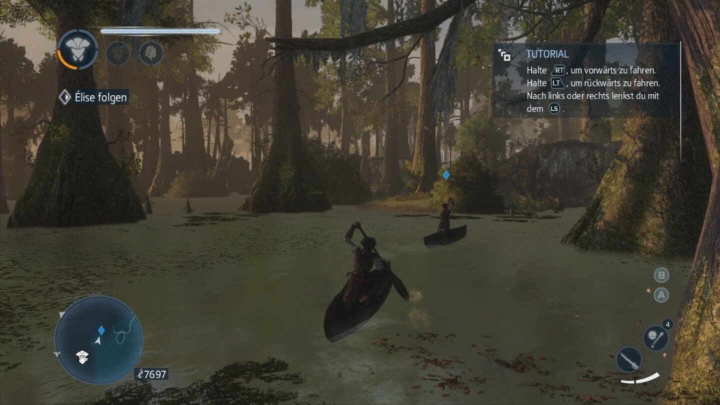 Assassins Creed: Liberation HDDer Bayou, eine Art Sumpfgebiet, liegt in der Nähe von New Orleans und steht zu großen Teilen unter Wasser. Deswegen bewegt man sich dort am besten per Kanu fort.