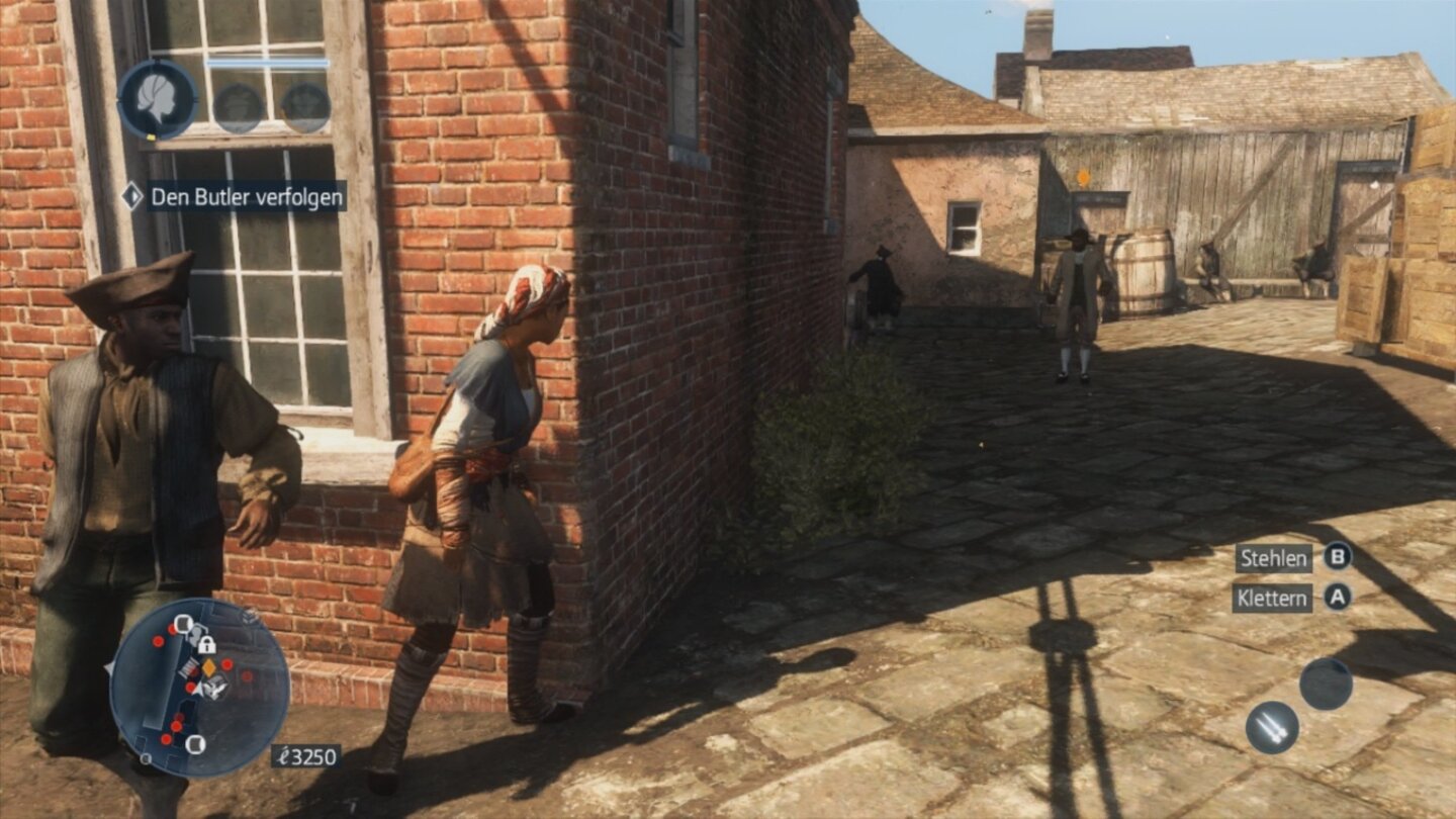 Assassins Creed: Liberation HDIn der Stadt New Orleans müssen wir immer mal wieder Handlanger verfolgen. Dabei hilft es hinter Ecken in Deckung zu gehen, da uns der Feind von hier aus nicht sehen kann.