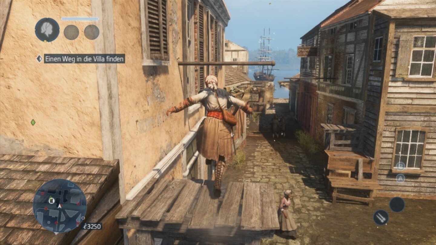 Assassins Creed: Liberation HDWie für ein Assassins Creed üblich können wir frei durch die Gebiete turnen. Das zieht allerdings Aufmerksamkeit auf sich, was wiederrum die Wachen uns gegenüber misstrauischer macht.