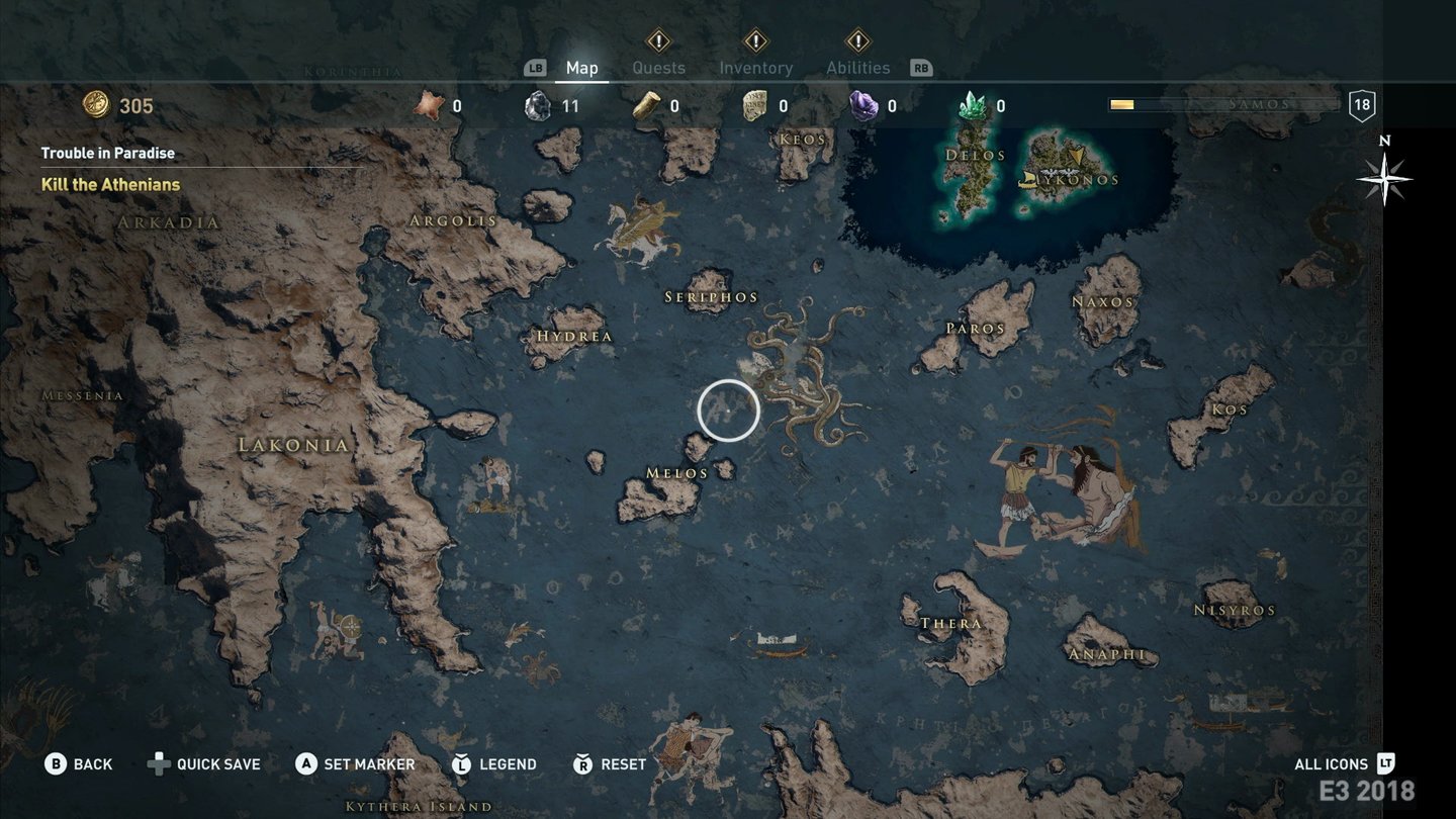Assassin's Creed: OdysseyDie Weltkarte sieht riesig aus, hier nur ein kleiner Ausschnitt. Ob sich alle Orte bereisen lassen, wissen wir aber noch nicht.