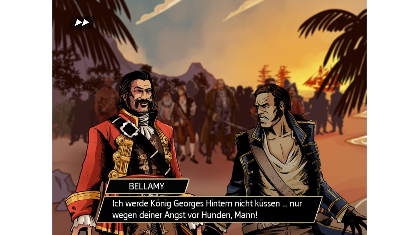 Assassin's Creed PiratesDie Hintergrundgeschichte wird in Engine-Zwischensequenzen sowie in diesen statischen Comic-Gesprächen erzählt. (iPad)