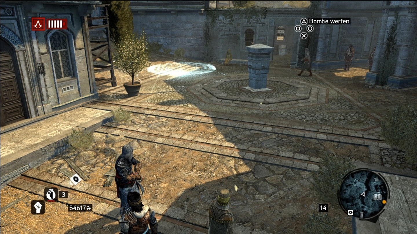 Assassin's Creed: RevelationsZielübung: Um die Wachen vom Eingang rechts im Bild wegzulocken, lenken wir diese mit einer Bombe ab.