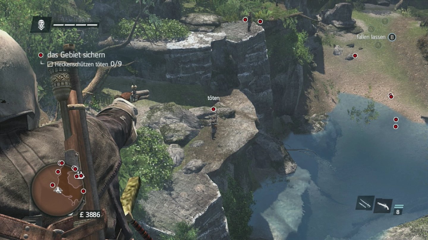 Assassin's Creed RogueEine typische Aufgabe: In diesem Gebiet stehen mehrere Schützen, die wir alle umlegen sollen. Ohne entdeckt zu werden.