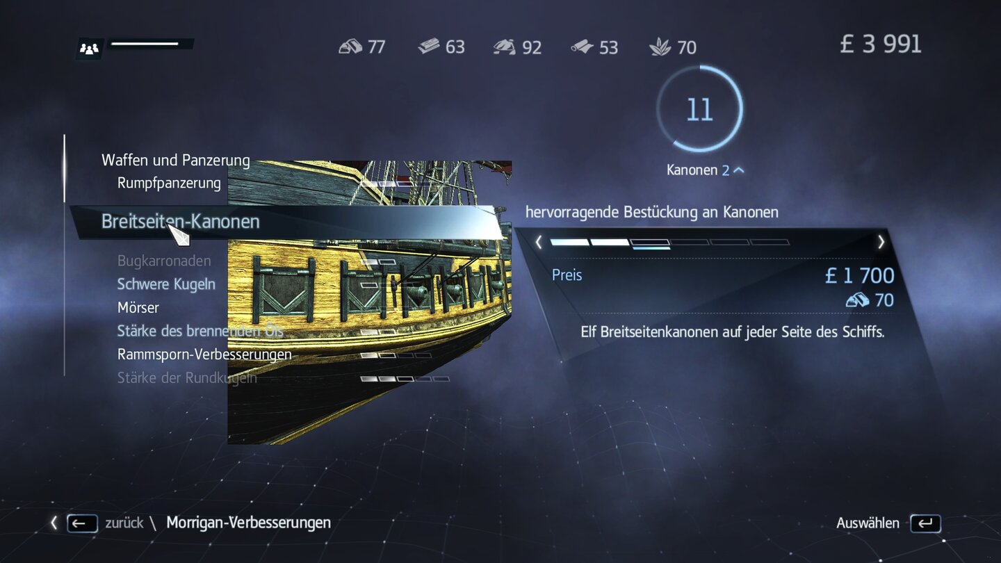 Assassins Creed RogueBeim Hafenmeister rüsten wir unser Schiffchen gegen Bares und Rohstoffe auf.