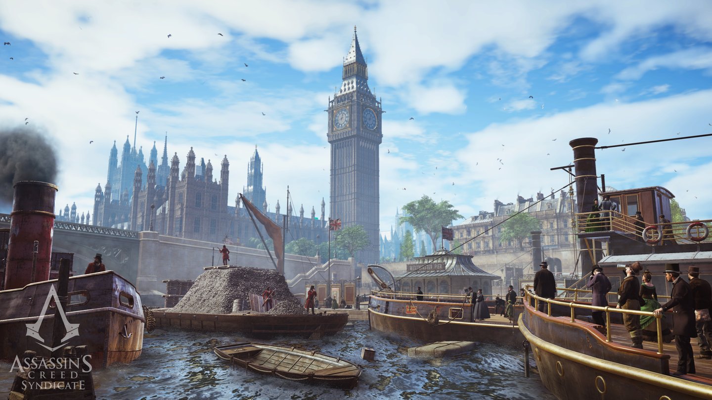 Assassin's Creed SyndicateAuf der Themse herrscht reger Schiffsverkehr. Boote werden uns beim Meucheln vermutlich ebenfalls gute Dienste leisten.