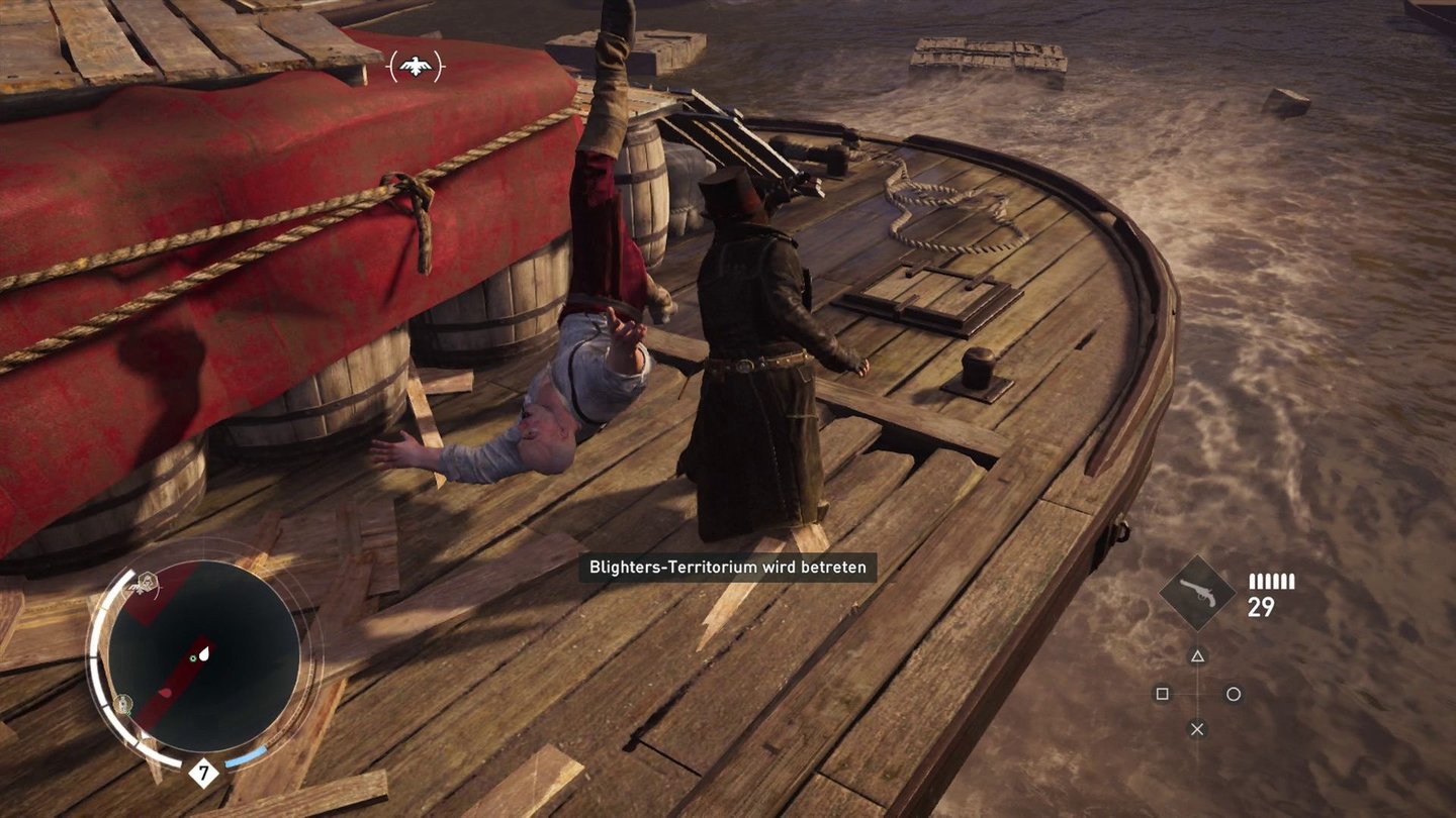 Assassin's Creed SyndicateAuf der Themse geht die Action ab: Wir sabotieren Boote, klauen Fracht und überfallen Templerkolonnen.