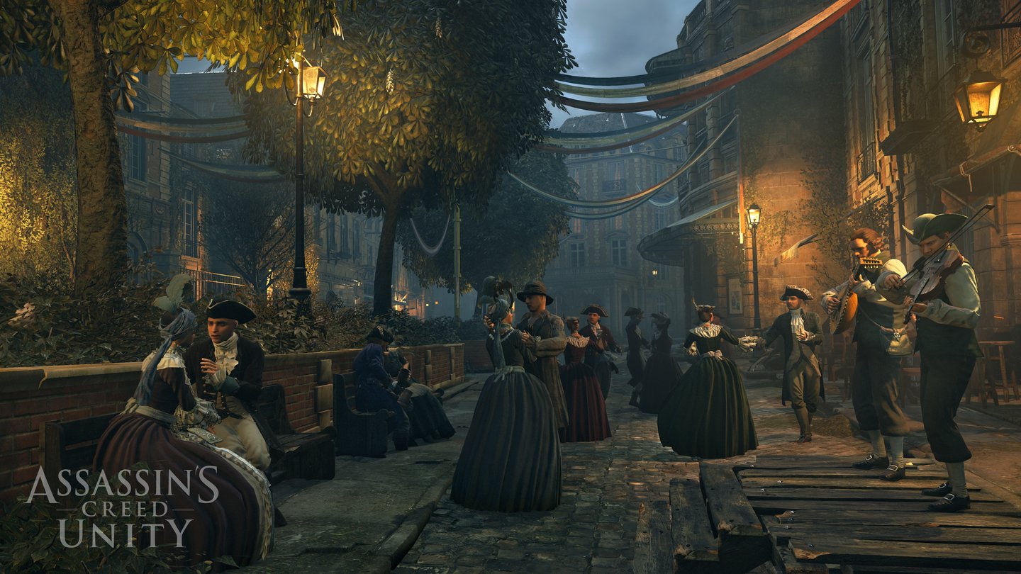 Assassin's Creed UnityDie Straßen von Paris sind belebt, hier tanzt das Volk.