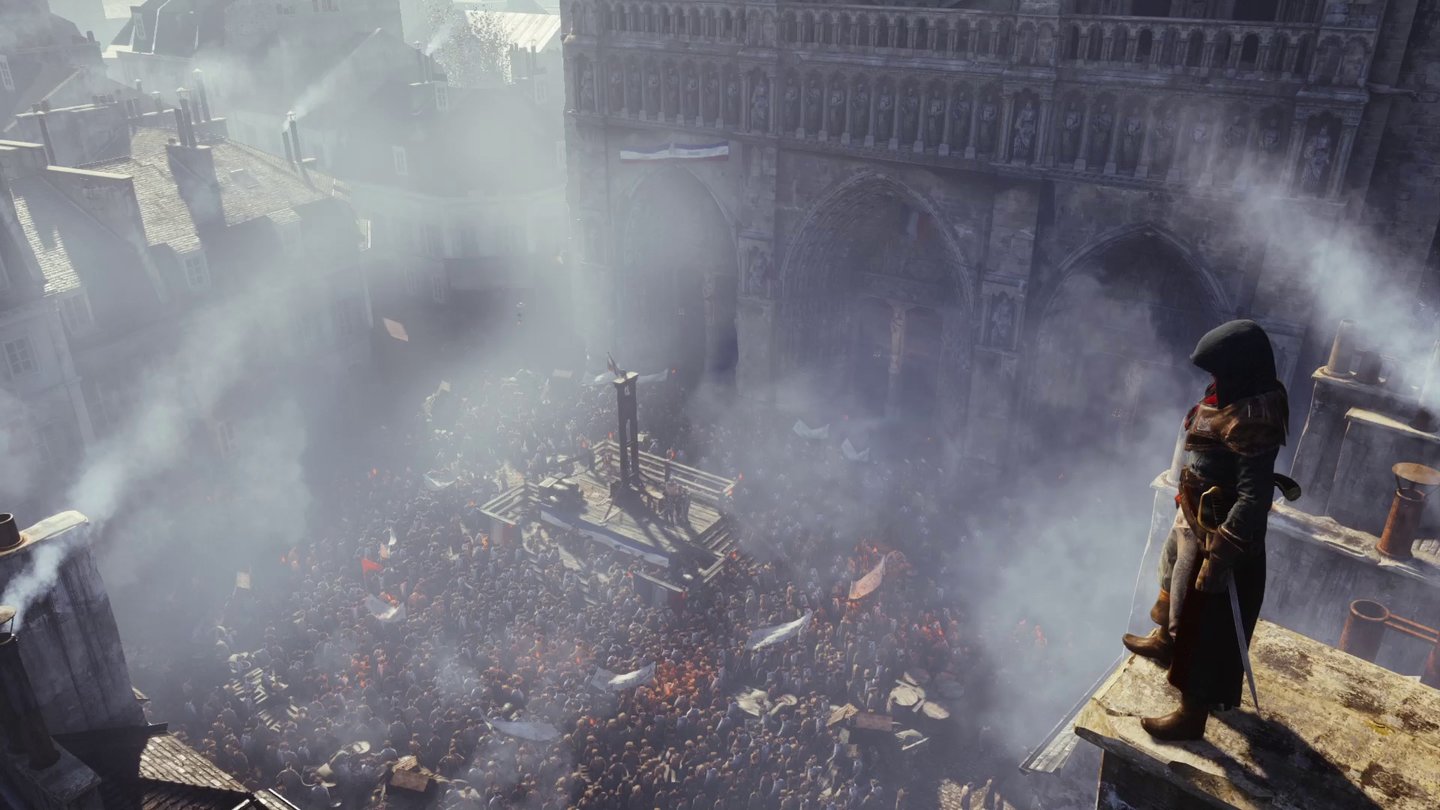 Assassin's Creed: UnityDieser Ausblick auf eine öffentliche Hinrichtung zeigt riesige Menschenmassen. Auch das ist ein Novum für die Spielereihe.