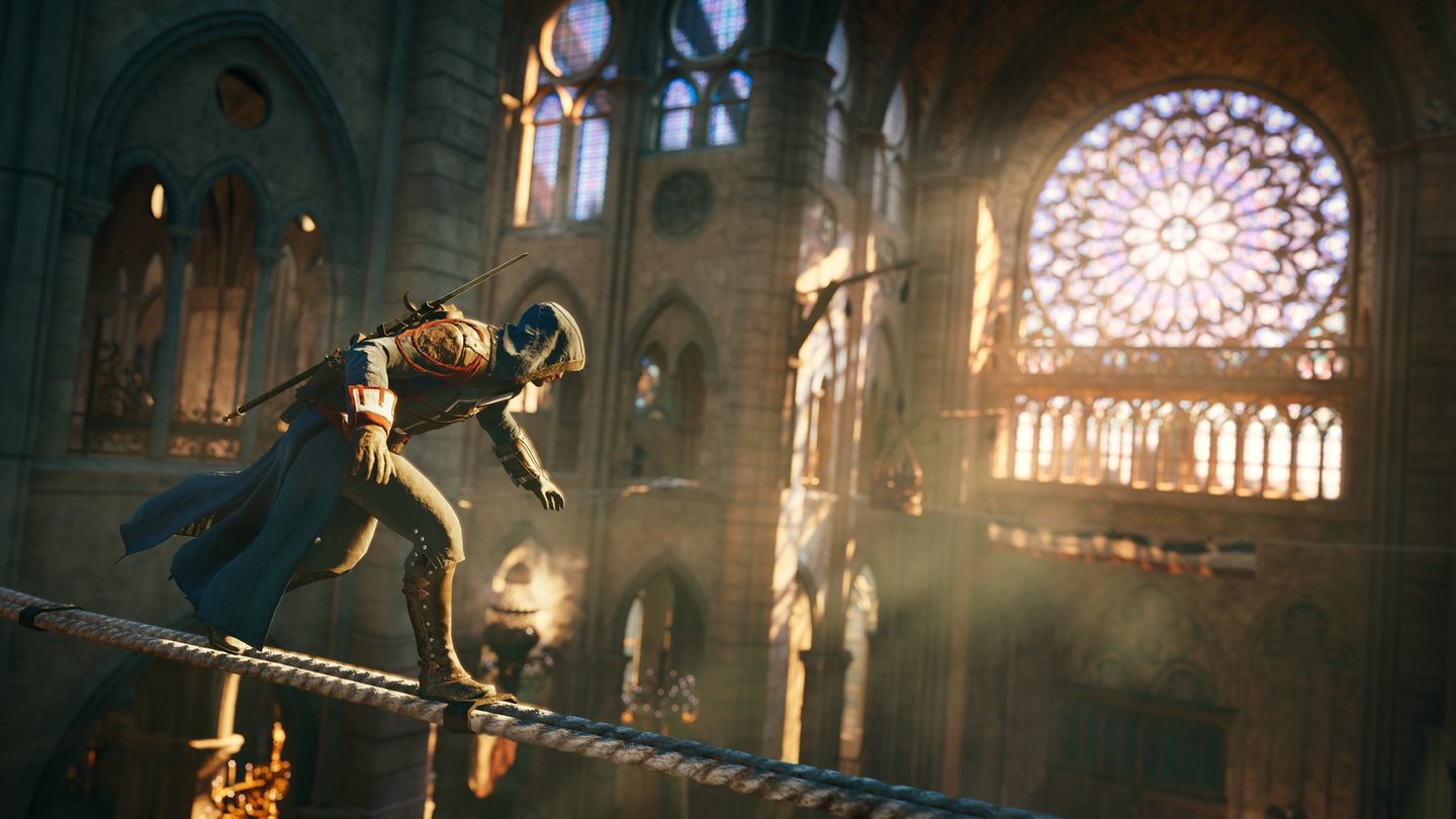 Assassin's Creed UnityDie maßstabsgetreu nachgebaute Notre-Dame de Paris ist der Schauplatz unserer Initiations-Mission.