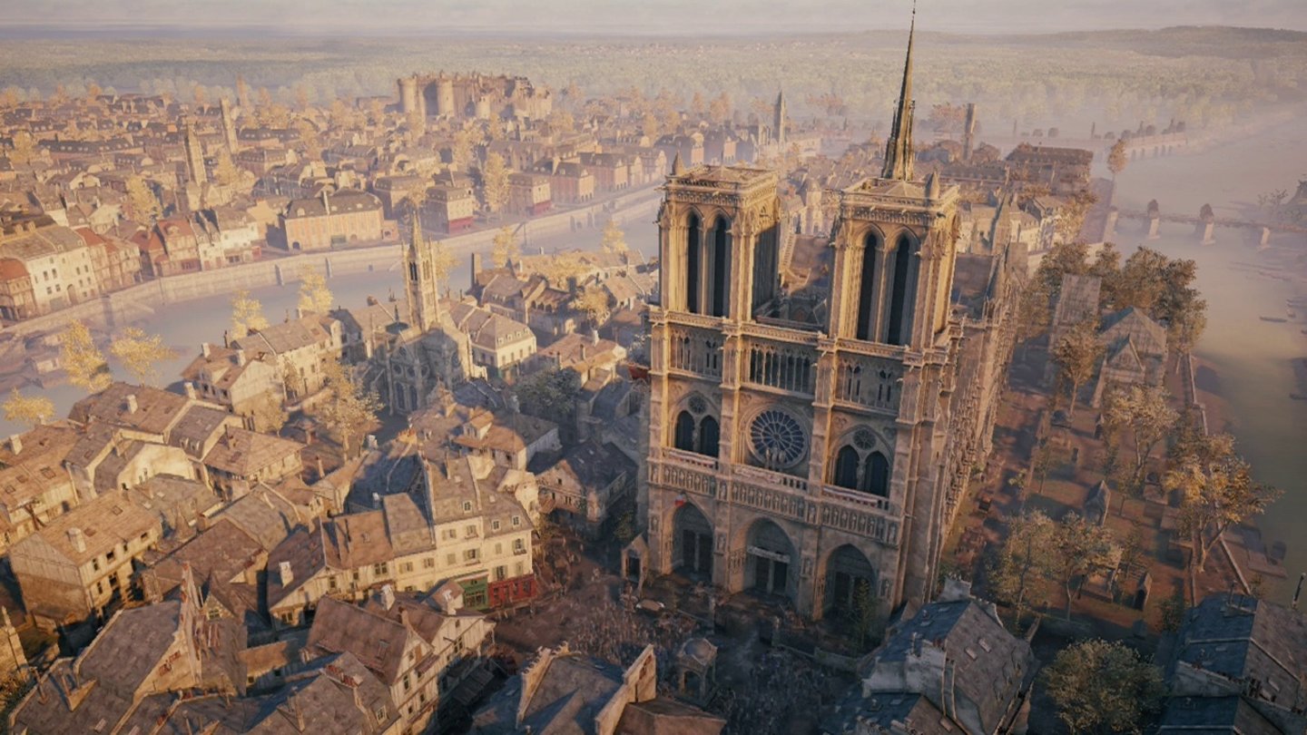 Assassin's Creed UnityErklimmen wir solche Aussichtspunkte, wird die Karte des Stadtteils inklusive aller Sammelobjekte aufgedeckt. Außerdem gibt es eine schicke Kamerafahrt.