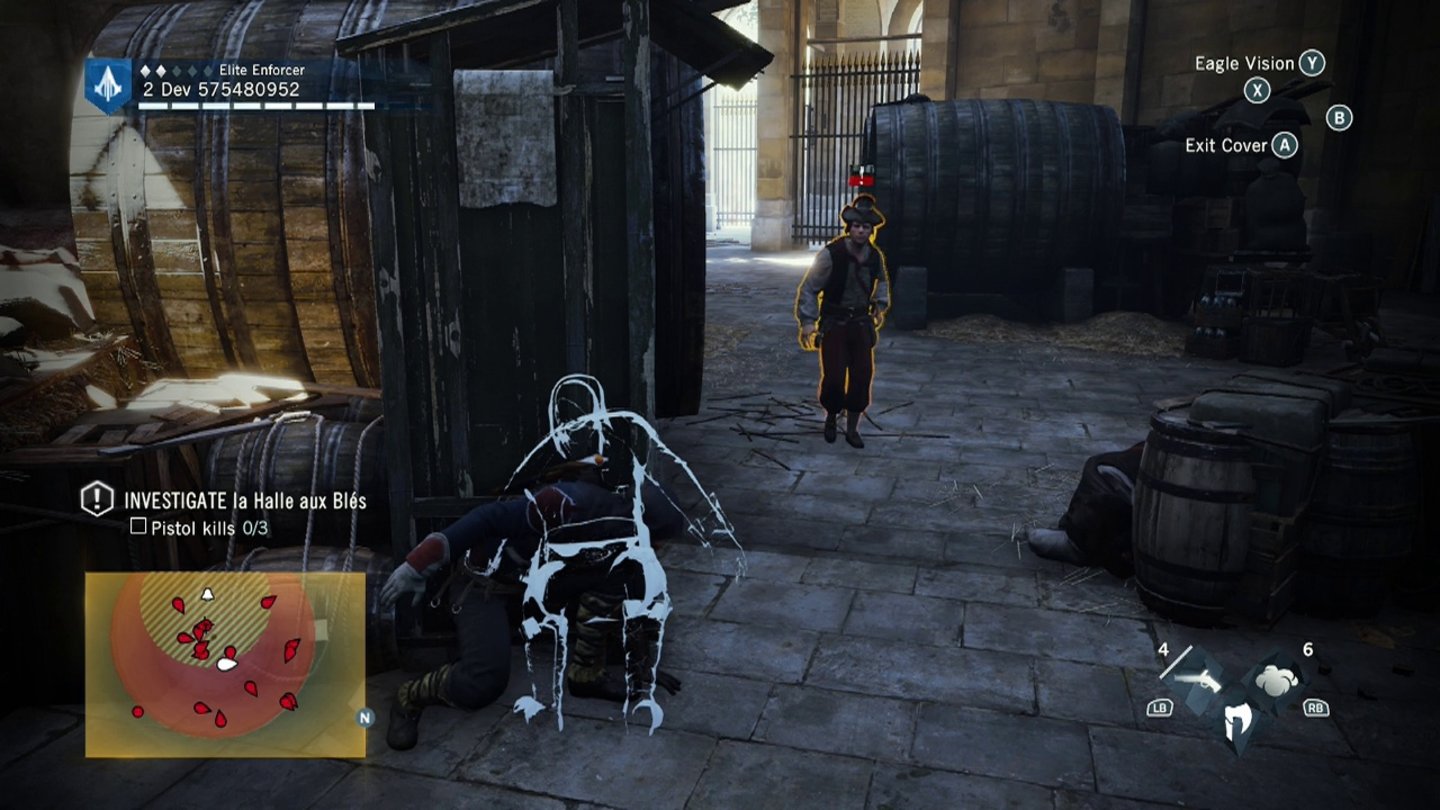 Assassin's Creed UnityDie weiße Silhouette zeigt an, wo uns Gegner zuletzt gesehen haben. Praktisch für Hinterhalte.