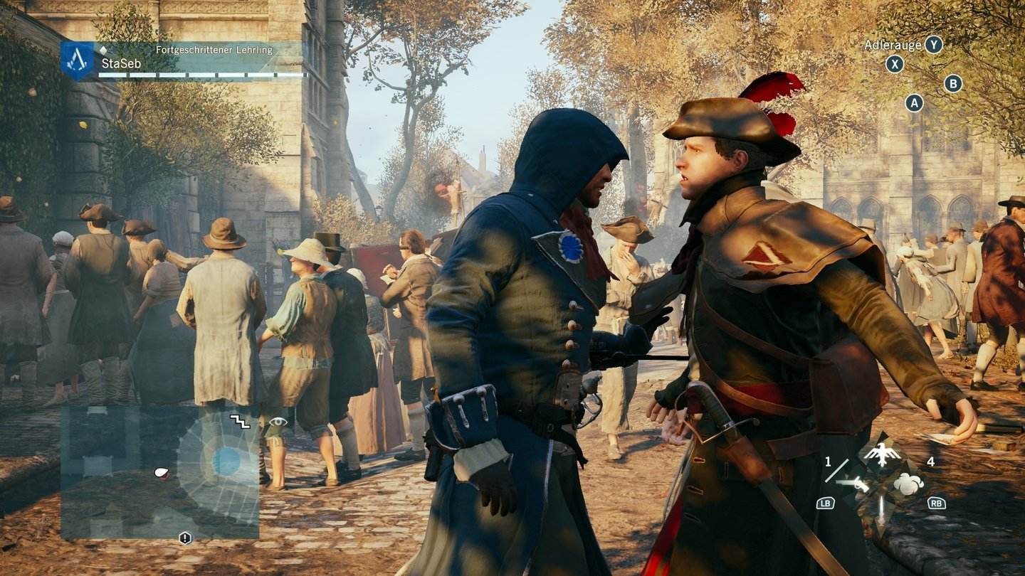 Assassins Creed UnityDie diskreten Stealth-Kills im Vorübergehen sind toll inszeniert. Sie vermitteln prima das Gefühl, einen lautlosen Meuchelmörder zu steuern.
