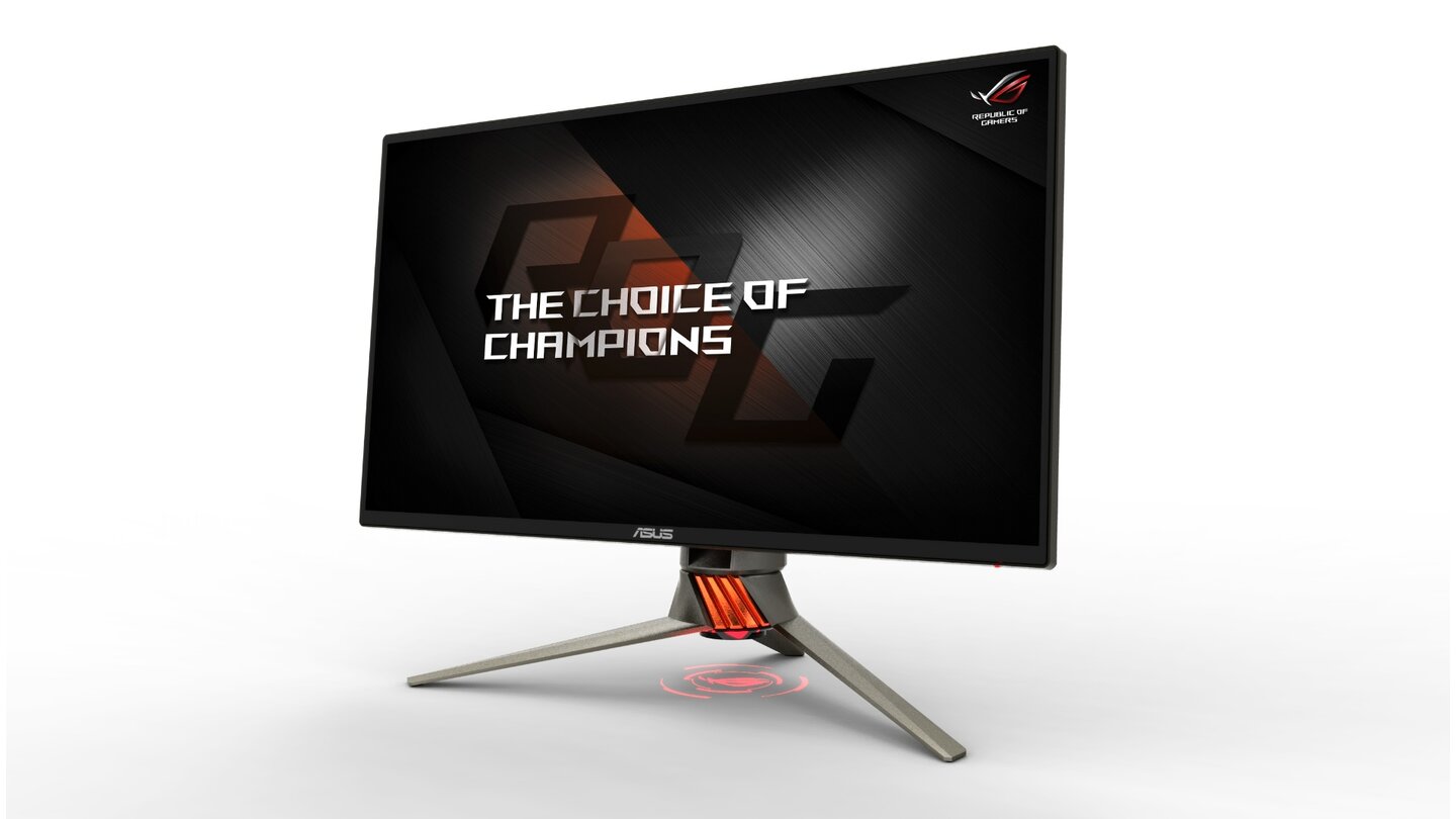 Der Asus PG258Q verfügt über ein Full HD-Panel mit maximal 240 Hertz. Optisch fallen vor allem der schmale Rahmen und die (ausschaltbare und individualisierbare) Logo-Projektion unterhalb vom Standfuß auf.