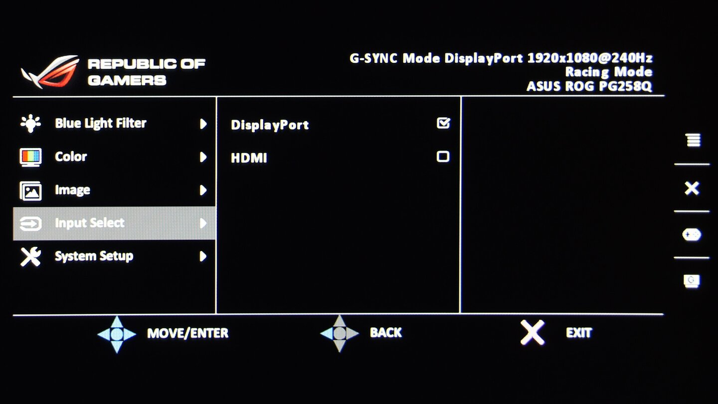 Das wohl unspektakulärste Menü des PG258Q: Die Auswahl des Eingangssignals. Große Vielfalt hat der Monitor nicht zu bieten, nur ein DisplayPort- und ein HDMI-Anschluss stehen zur Verfügung.