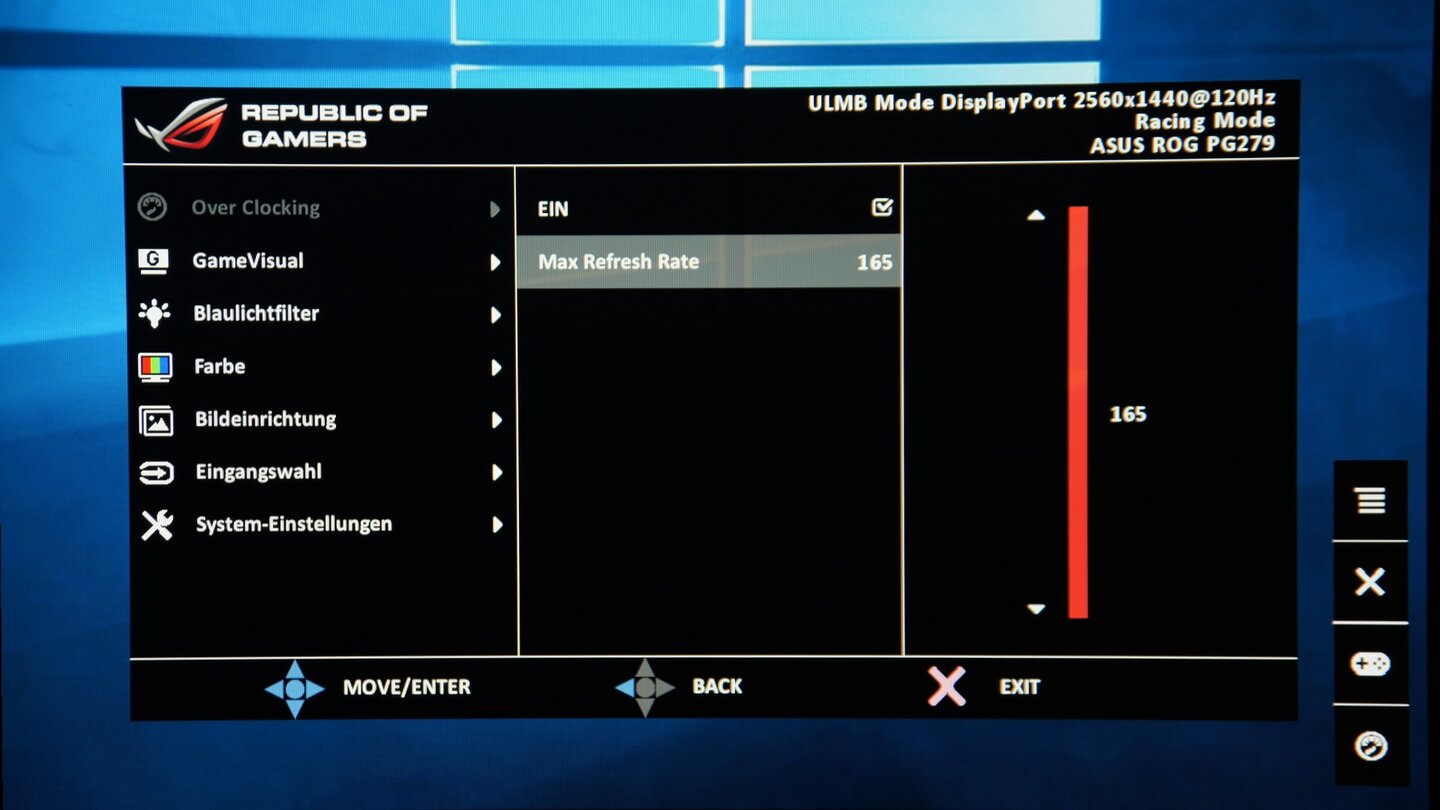 Asus PG279Q Menü - Übertaktung/Hertz-Zahl