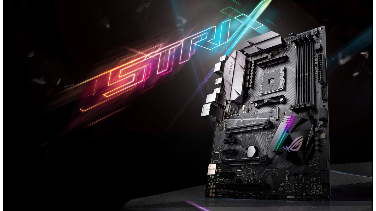 Das AM4-Mainboard Asus ROG STRIX B350-F Gaming Mainboard bietet alle Anschlüsse, die ein moderner Gaming-PC braucht. RGB-Beleuchtung inklusive.