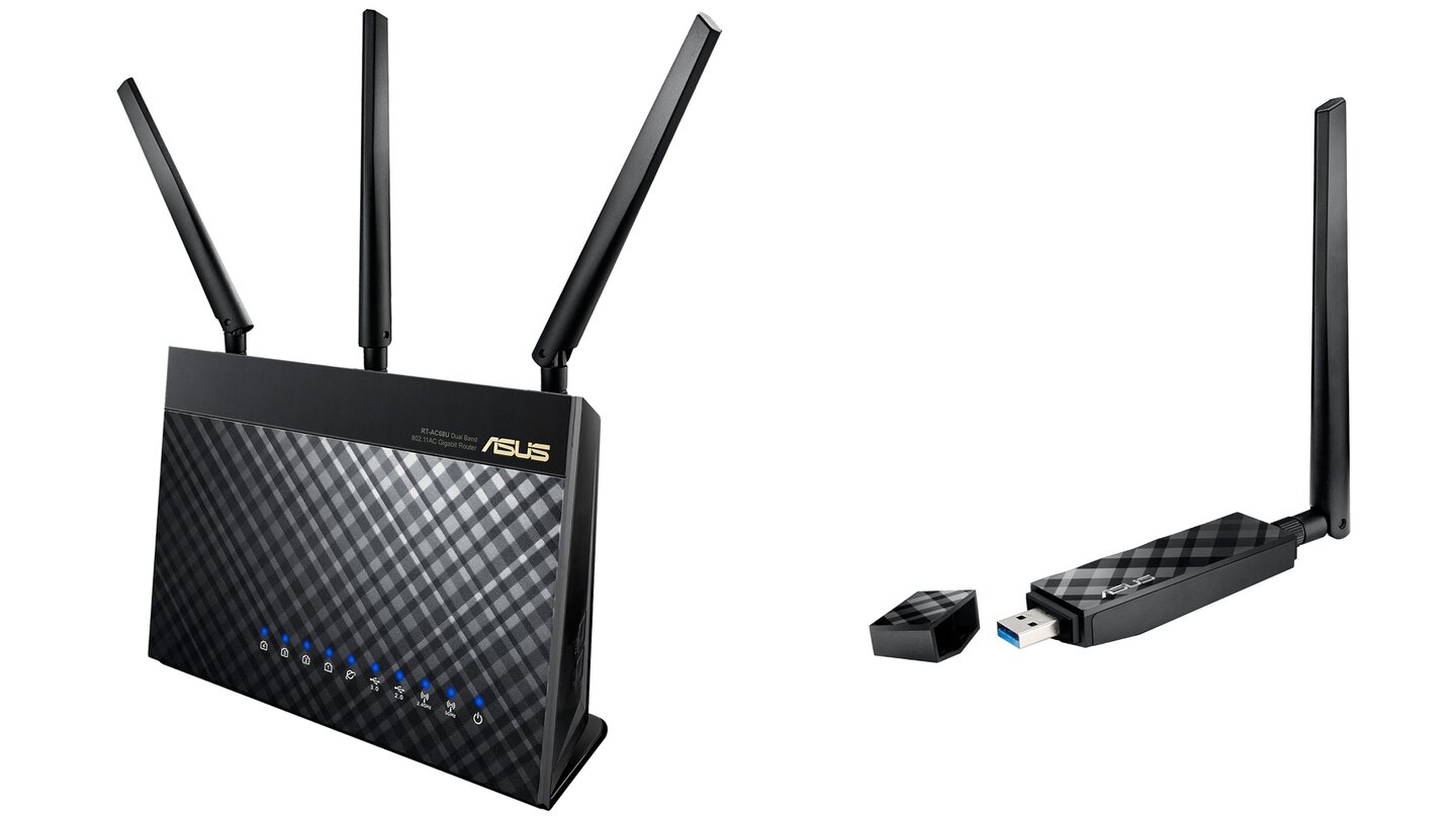 Der Asus RT-AC68U Router arbeitet mit Dualband-Datenübertragung und schafft bis zu 1,3 GBit/s. Als Empfänger können Sie den USB-Dongle Asus AC56 nutzen.