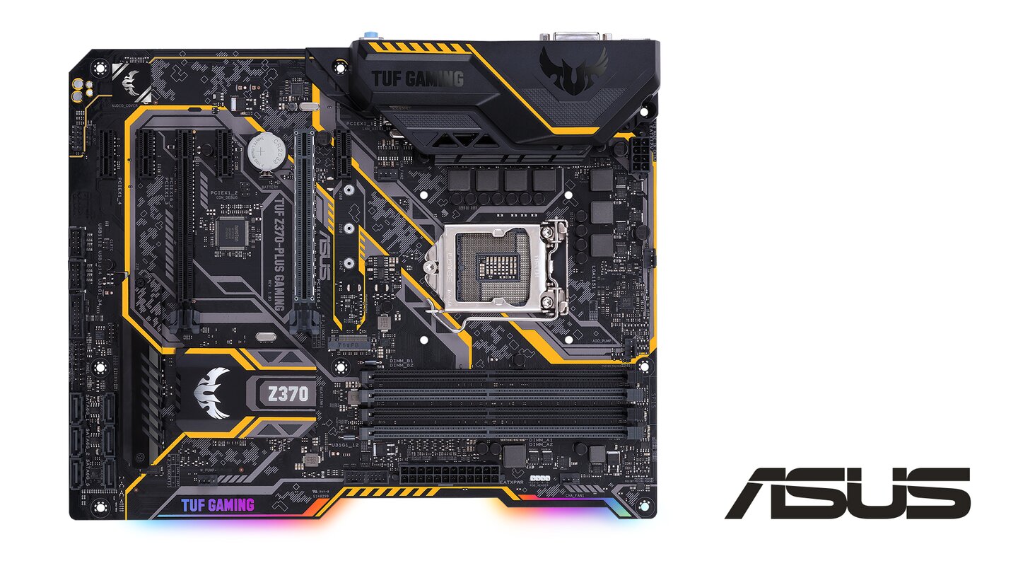 Alle Bauteile unseres Jubiläums-PCs sind an das neue ASUS-Mainboard TUF Z370 PLUS GAMING mit neuem Z3770-Chipsatz angeschlossen. Die TUF-Serie (The Ultimate Force) steht für maximale Stabililät und Lebensdauer. RGB-Beleuchtung inklusive.
