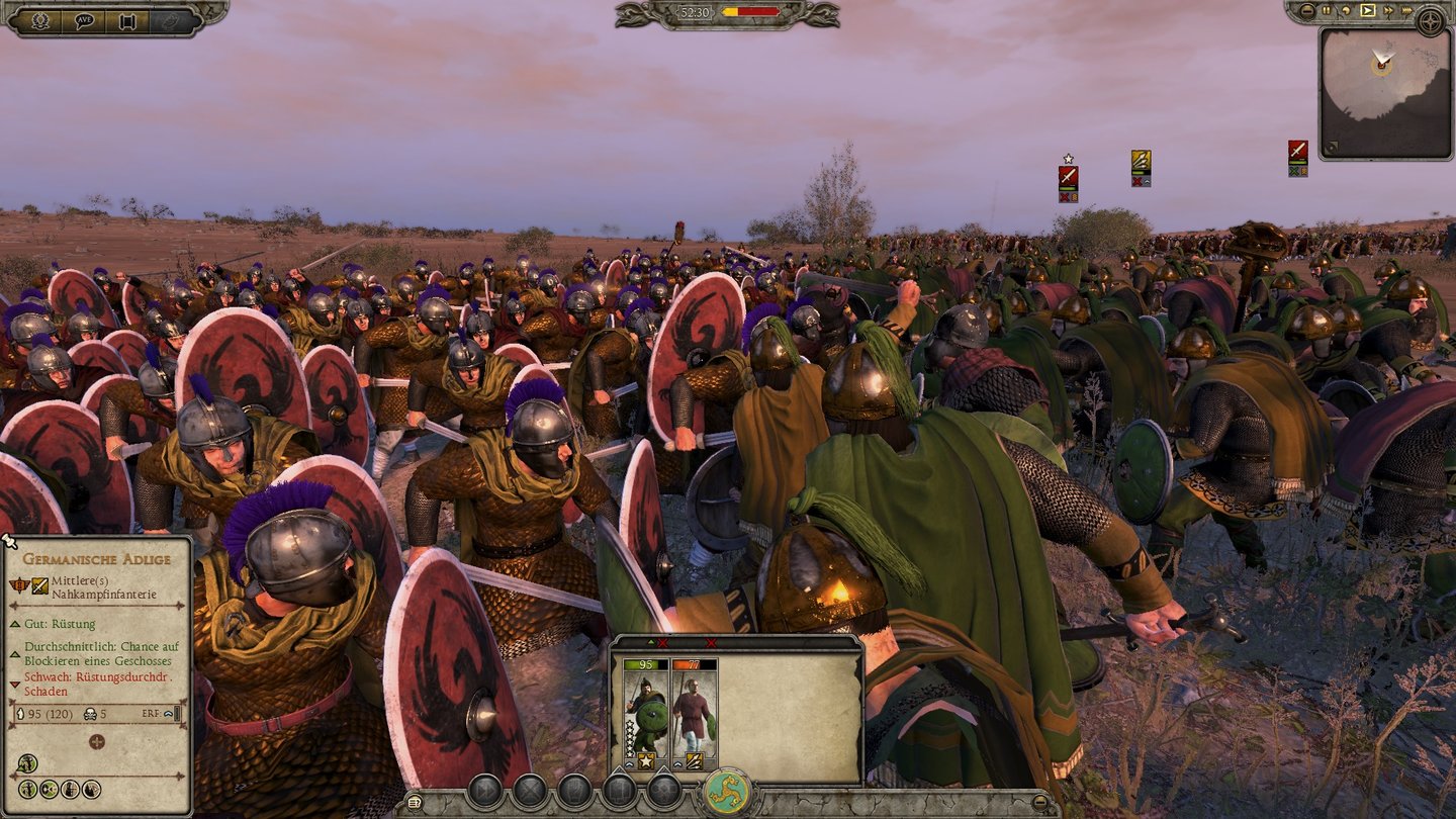 Total War: AttilaGermanische Adlige gegen römische Elite-Infanterie. So ein Gefecht kann dauern, da beide Seiten schwer gepanzert und hoch motiviert sind. Nur die Kondition bewirkt auf beiden Seiten nach kurzer Zeit, dass nur noch mit verringertem Elan gekämpft wird.