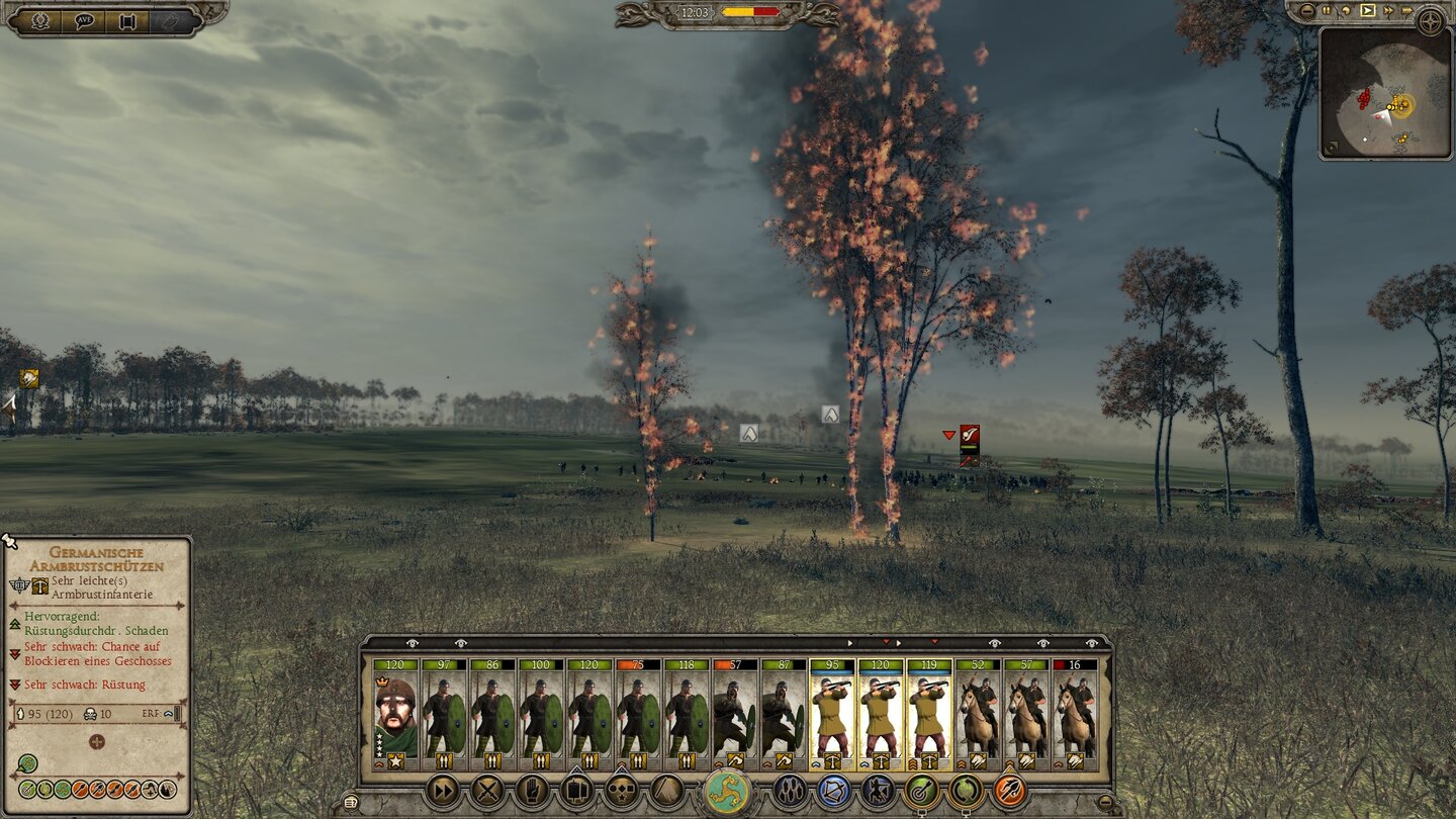 Total War: AttilaDie Feuersimulation auf den Schlachtfeldern geht sogar so weit, dass einzelne Bäume in Flammen stehen können. Spielerisch ist das aber nicht von Bedeutung.