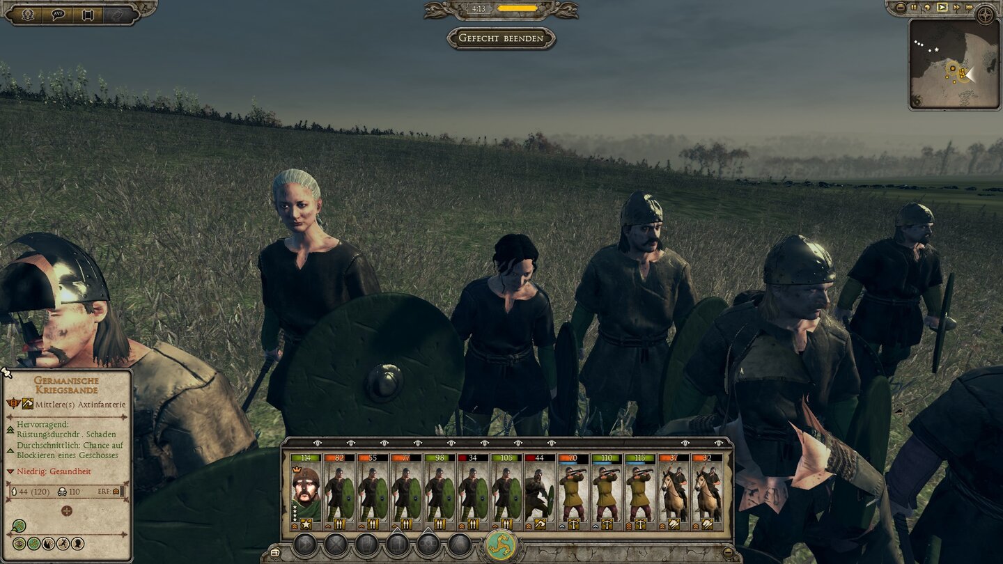 Total War: AttilaIn vielen germanischen Einheiten scheinen auch weibliche Krieger keine Seltenheit zu sein. Die beiden Herren näher an der Kamera erscheinen einen Moment lang kopf- und gesichtslos.