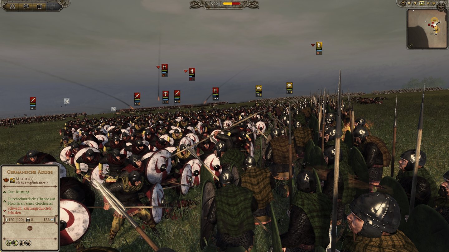 Total War: AttilaDer entscheidende Moment der Schlacht: Spätrömische Kohorten branden gegen den Schildwall des fränkischen Heerführers.