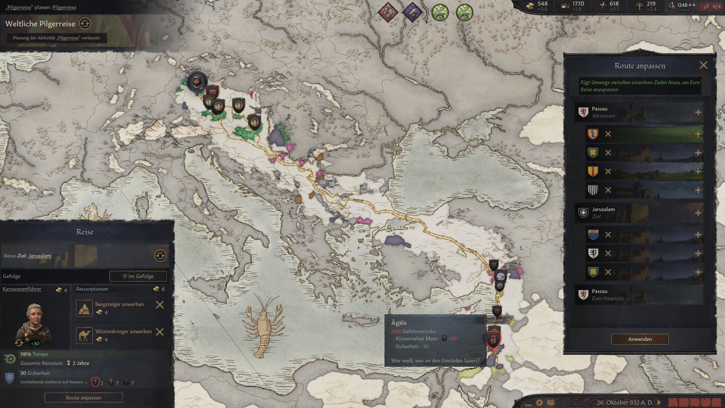 Auch Pilgerreisen wollen geplant werden. Ein Trip nach Jerusalem dauert zwei Jahre. Gut für die Pietät – und gut für den Regenten zu Hause.