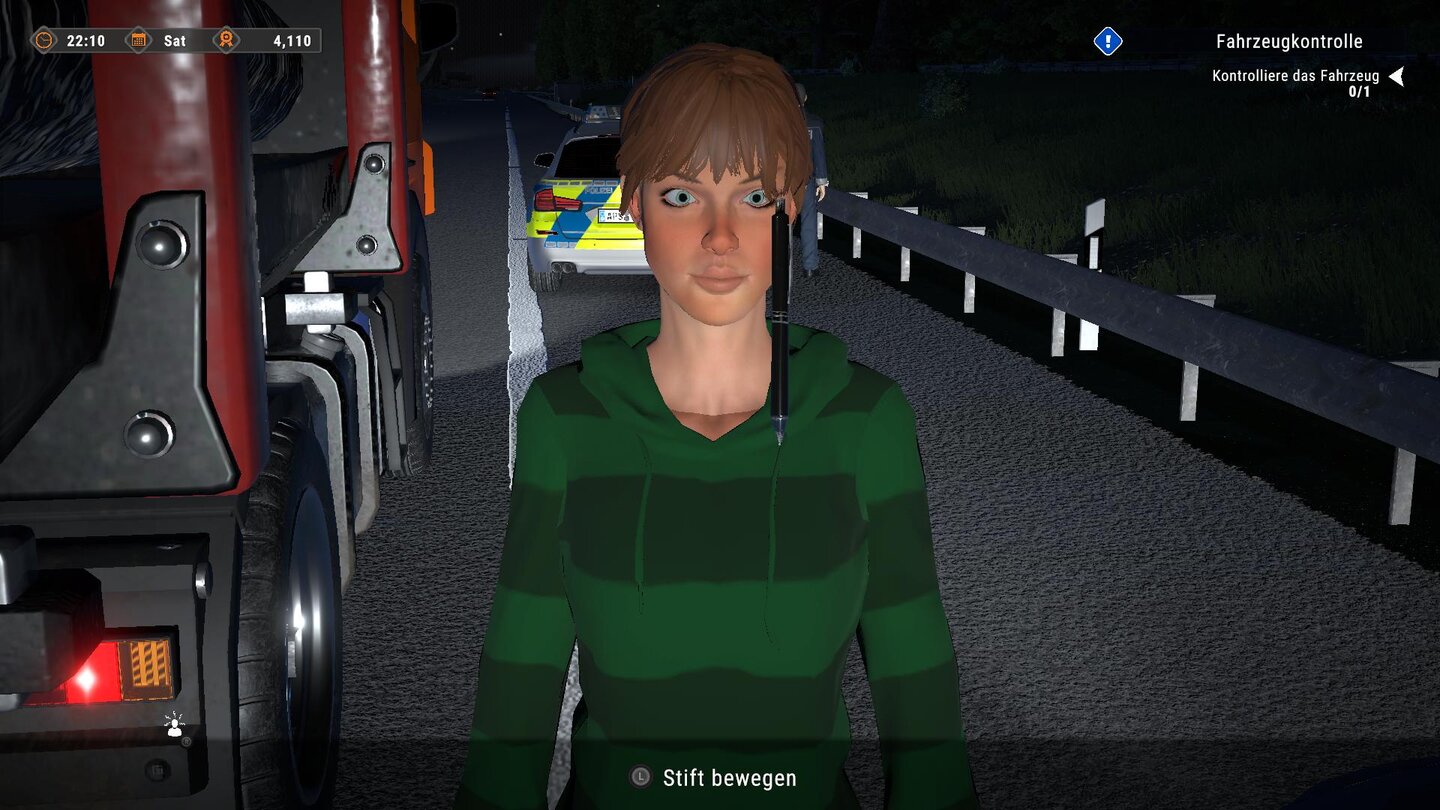 Autobahnpolizei Simulator 2Drogentest-Minispiel: Der Polizist wedelt mit einem Stift hin- und her und muss die körperliche Reaktion des Probanden beurteilen.