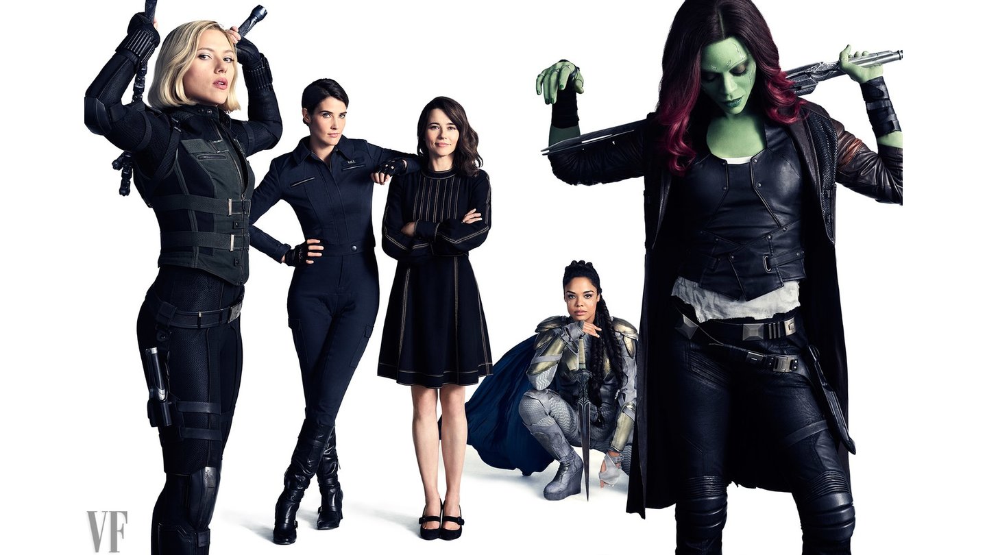 Avengers: Infinity War - Scarlett Johansson als Black Widow, Cobie Smulders als Maria Hill, Linda Cardellini als Laura Barton, Tessa Thompson als Valkyrie und Zoe Saldana als Gamora. (c) Vanity Fair
