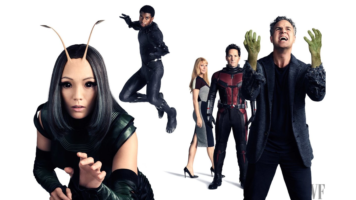 Avengers: Infinity War - Pom Klementieff als Mantis, Chadwick Boseman als Black Panther, Gwyneth Paltrow als Pepper Potts, Paul Rudd als Ant-Man und Mark Ruffalo als Bruce Banner. (c) Vanity Fair