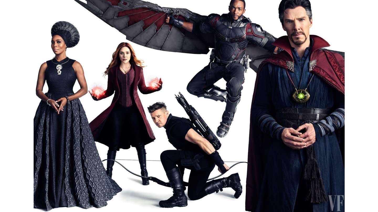 Avengers: Infinity War - Angela Bassett als Ramonda, Elizabeth Olsen als Scarlet Witch, Jeremy Renner als Hawkeye, Anthony Mackie als Falcon und Benedict Cumberbatch als Doctor Strange. (c) Vanity Fair
