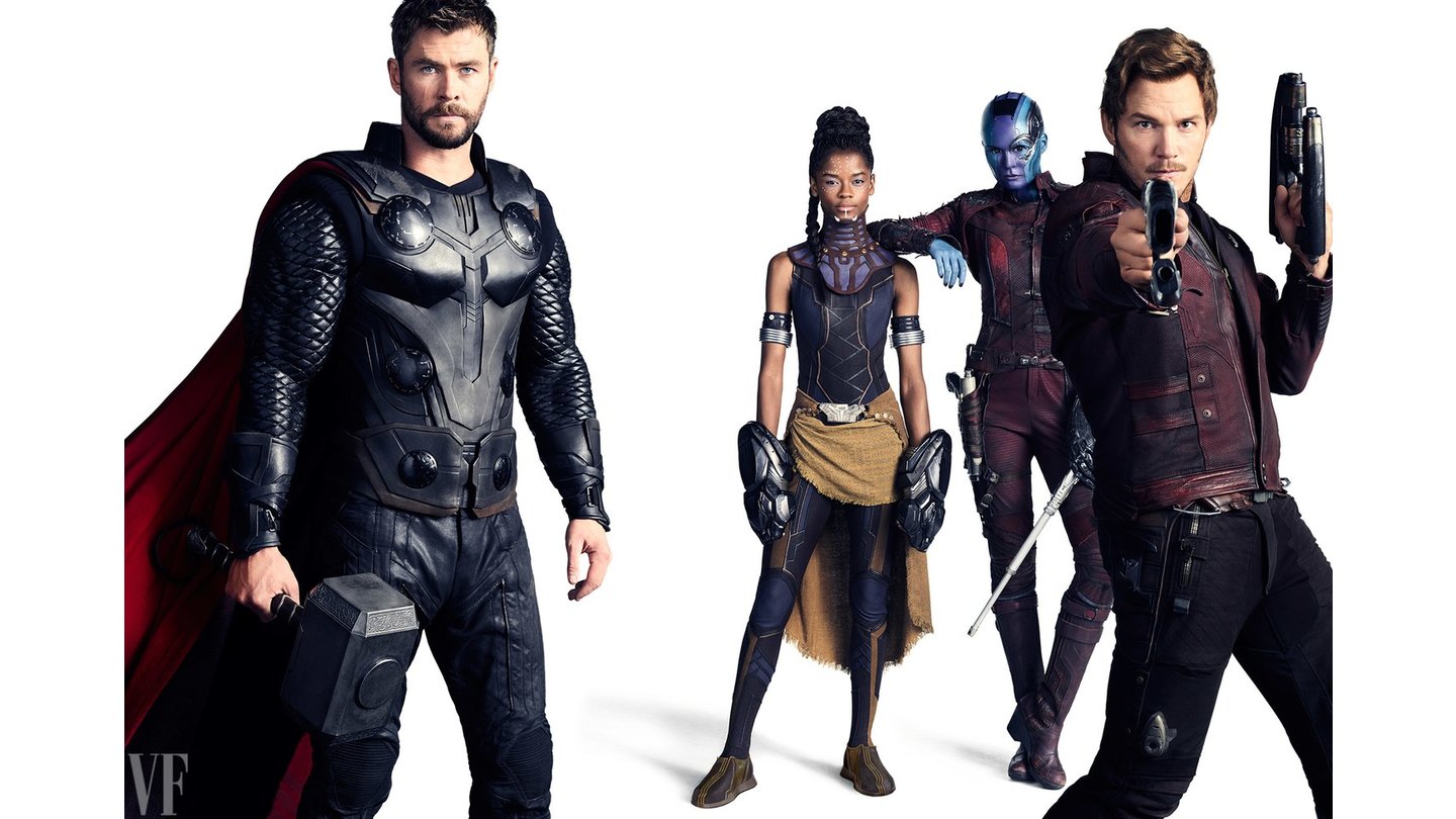Avengers: Infinity War - Chris Hemsworth als Thor, Letitia Wright als Shuri, Karen Gillan als Nebula und Chris Pratt als Star-Lord. (c) Vanity Fair