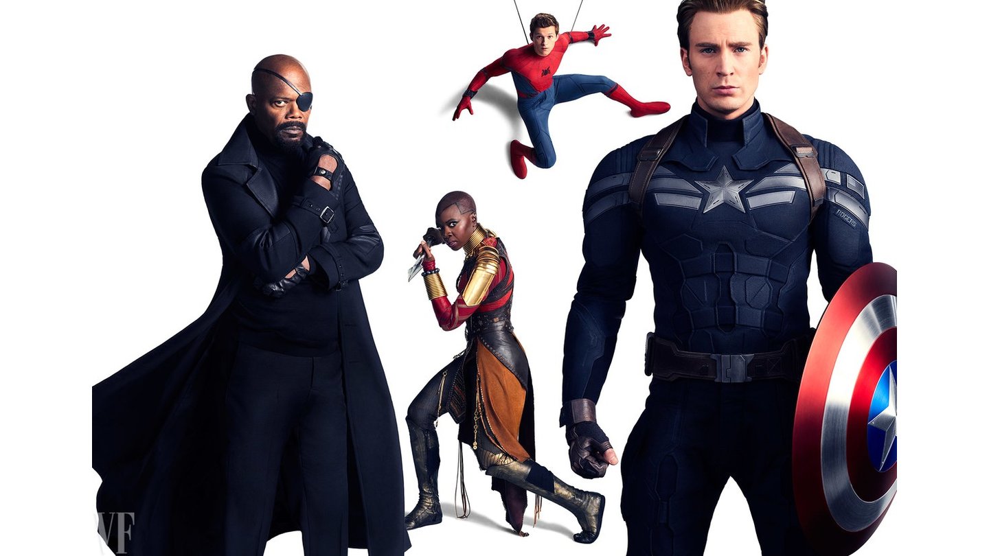 Avengers: Infinity War - Samuel L. Jackson als Nick Fury, Danai Gurira als Okoye, Tom Holland als Spider-Man und Chris Evans als Captain America. (c) Vanity Fair